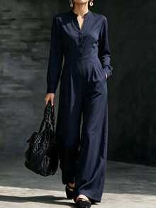 Omancia Jumpsuit nữ màu trơn cổ đứng cổ chữ V tay dài ống rộng, đa năng mặc thường ngày đi làm và đi chơi - Màu xanh hải quân - Xem 3