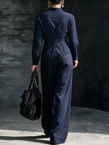 Omancia Jumpsuit nữ màu trơn cổ đứng cổ chữ V tay dài ống rộng, đa năng mặc thường ngày đi làm và đi chơi - Màu xanh hải quân - Xem 2