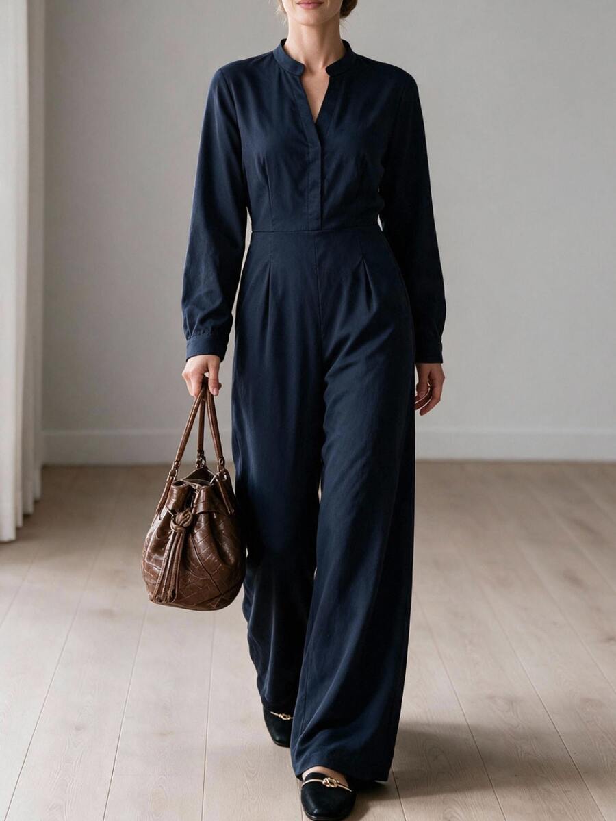 Omancia Jumpsuit nữ màu trơn cổ đứng cổ chữ V tay dài ống rộng, đa năng mặc thường ngày đi làm và đi chơi - Màu xanh hải quân - Xem 1