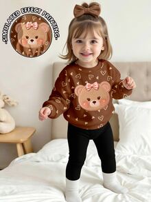 Baby Girls Bear Cartoon Sweatshirt & Leggings Set, Heart Print, Brown & Beige (2 Pcs) Fall Winter - Multicolor - View 3