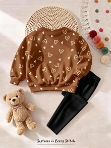 Baby Girls Bear Cartoon Sweatshirt & Leggings Set, Heart Print, Brown & Beige (2 Pcs) Fall Winter - Multicolor - View 2