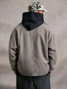 Manfinity Roghcode Jaket Harrington Bulu Domba Kotak-kotak, Jaket Tebal Longgar Vintage Gelap untuk Pria, Pakaian Jalanan Akhir Pekan Musim Gugur - Khaki - View 2
