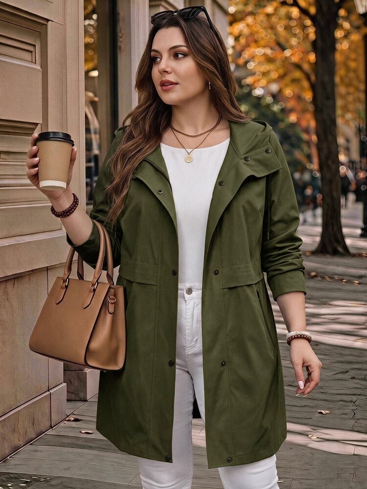 EMERY ROSE Plus Size Women's Solid Color Long Sleeve Hooded Casual Trench Coat With Pockets Fall - Army Green - View 1