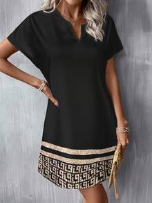 SHEIN LUNE Casual Pattern V-Neck Short Dress For Women, Suitable For Spring/Summer Suitable For Going Out Vacation Dress Chic Dress,Casual - Multicolor - View 4