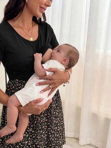 SHEIN 孕婦花卉印花和拼布哺乳裙 - 黑色 - 查看 3