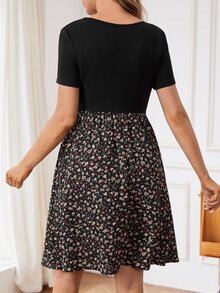 SHEIN 孕婦花卉印花和拼布哺乳裙 - 黑色 - 查看 5