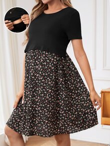 SHEIN 孕婦花卉印花和拼布哺乳裙 - 黑色 - 查看 4