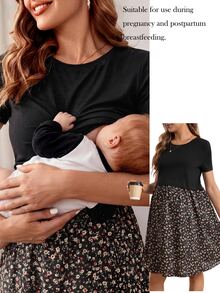 SHEIN 孕婦花卉印花和拼布哺乳裙 - 黑色 - 查看 1