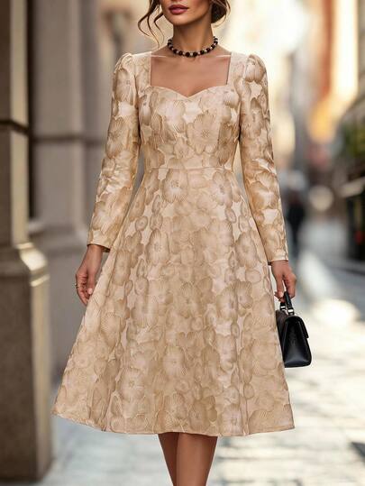 Velvienne Plus Size Apricot Vintage Jacquard Square Neck Long Sleeve Dress, Square Neck Waist-Cinching Flare Skirt, Fitted Mid-Length Evening Party Dress For Women