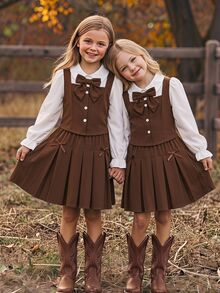 SHEIN Vintaside Kids Tween Girls' Colorblock Shirt Collar Puff Long Sleeve Blouse With Elastic Waist Pleated Skirt, Preppy Style, Suitable For Spring/Autumn School - Brown - View 4