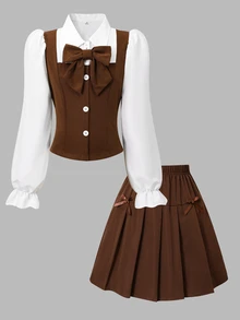 SHEIN Vintaside Kids Tween Girls' Colorblock Shirt Collar Puff Long Sleeve Blouse With Elastic Waist Pleated Skirt, Preppy Style, Suitable For Spring/Autumn School - Brown - View 3