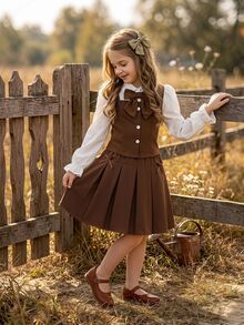 SHEIN Vintaside Kids Tween Girls' Colorblock Shirt Collar Puff Long Sleeve Blouse With Elastic Waist Pleated Skirt, Preppy Style, Suitable For Spring/Autumn School - Brown - View 1