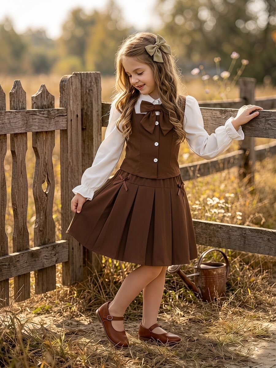 SHEIN Vintaside Kids Tween Girls' Colorblock Shirt Collar Puff Long Sleeve Blouse With Elastic Waist Pleated Skirt, Preppy Style, Suitable For Spring/Autumn School - Brown - View 1