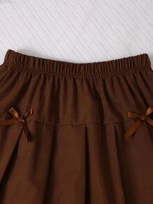 SHEIN Vintaside Kids Tween Girls' Colorblock Shirt Collar Puff Long Sleeve Blouse With Elastic Waist Pleated Skirt, Preppy Style, Suitable For Spring/Autumn School - Brown - View 8