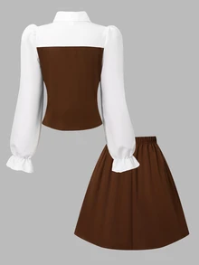 SHEIN Vintaside Kids Tween Girls' Colorblock Shirt Collar Puff Long Sleeve Blouse With Elastic Waist Pleated Skirt, Preppy Style, Suitable For Spring/Autumn School - Brown - View 2