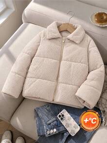 SHEIN 返校季女童幼童時尚休閒燈芯絨加厚長袖拉鍊短夾克，適合休閒、戶外、日常，冬季新品 - 米色 - 查看 2