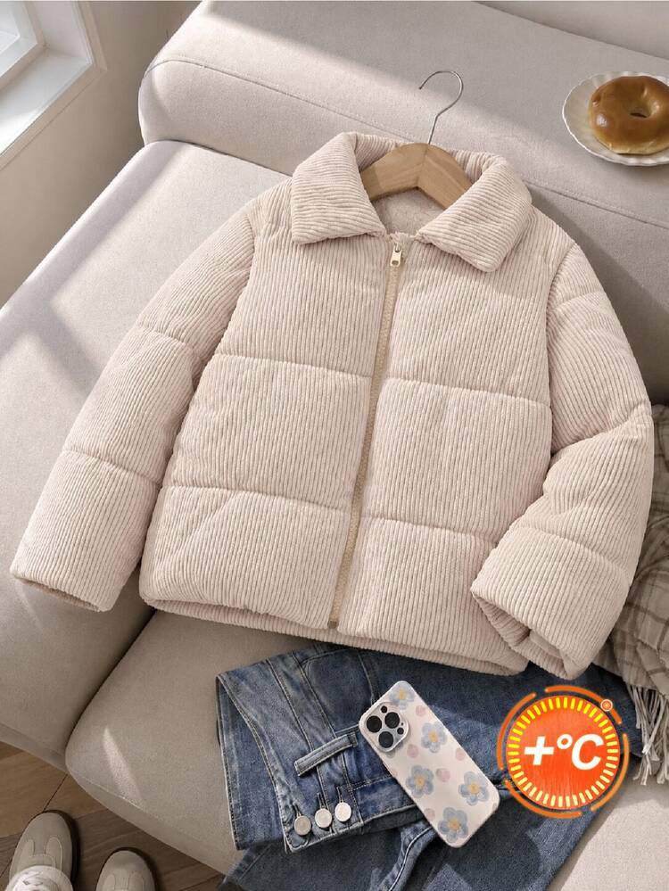SHEIN 返校季女童幼童時尚休閒燈芯絨加厚長袖拉鍊短夾克，適合休閒、戶外、日常，冬季新品 - 米色 - 查看 7