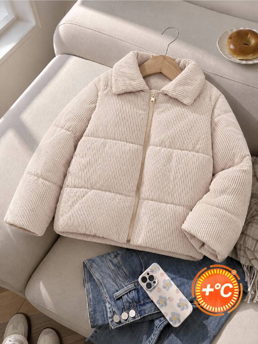 SHEIN 返校季女童幼童時尚休閒燈芯絨加厚長袖拉鍊短夾克，適合休閒、戶外、日常，冬季新品