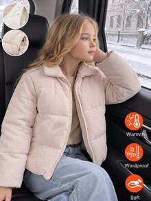 SHEIN 返校季女童幼童時尚休閒燈芯絨加厚長袖拉鍊短夾克，適合休閒、戶外、日常，冬季新品 - 米色 - 查看 8