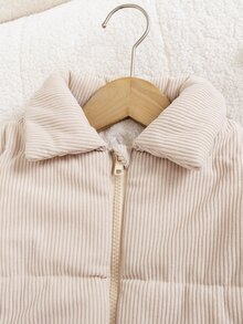 SHEIN 返校季女童幼童時尚休閒燈芯絨加厚長袖拉鍊短夾克，適合休閒、戶外、日常，冬季新品 - 米色 - 查看 4