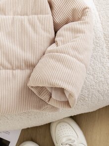 SHEIN 返校季女童幼童時尚休閒燈芯絨加厚長袖拉鍊短夾克，適合休閒、戶外、日常，冬季新品 - 米色 - 查看 7