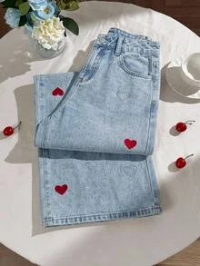 SHEIN Girlism 兒童青少年女孩愛心刺繡圖案藍色牛仔寬鬆長褲 秋冬休閒款 - 藍色 - 查看 1