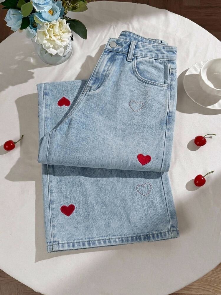 SHEIN Girlism Celana Panjang Denim Biru Longgar Motif Bordir Hati untuk Remaja Perempuan, Pakaian Musim Gugur dan Musim Dingin Kasual - Biru - View 1