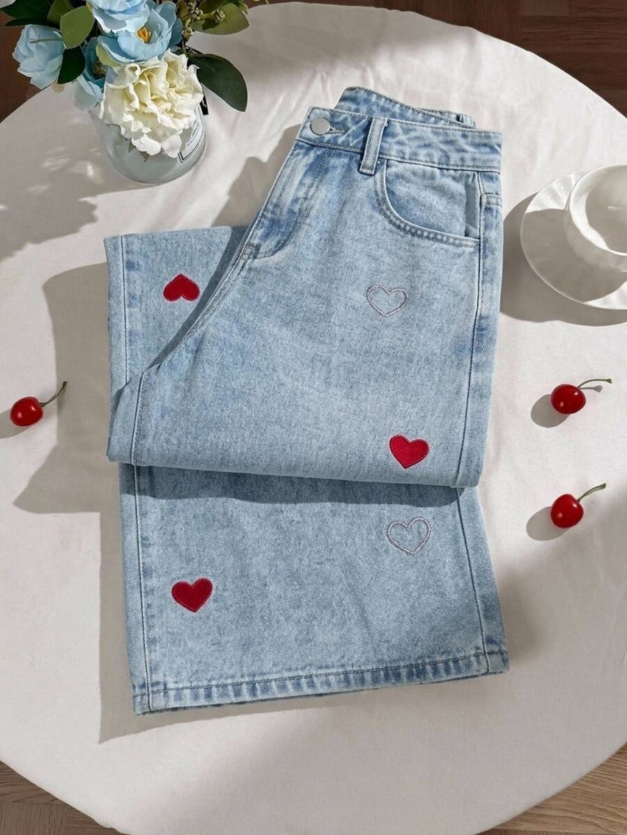 SHEIN Girlism 兒童青少年女孩愛心刺繡圖案藍色牛仔寬鬆長褲 秋冬休閒款 - 藍色 - 查看 1
