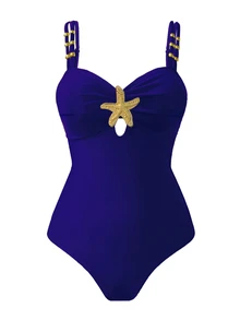 SHEIN Swim 1件装女士可爱五角星装饰休闲度假连体泳衣女士分体泳衣Y2K泳衣女士泳衣女士泳衣收腹泳池套装 - 寶藍色 - 查看 4