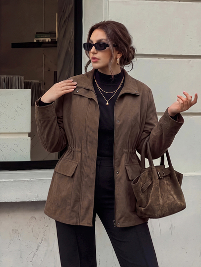 Firerie Plus Size Women's Suede Stand Collar Cinched Waist Long Sleeve Loose Jacket, Stand Collar Women's Jacket, Waist-Cinching Women's Jacket, Suede-Feel Women's Jacket, Solid Color Jacket, Spring Autumn Winter Women's Jacket
