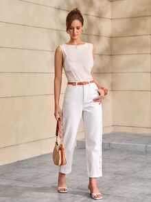 Selenza Women's Casual Denim Long Pants With Pockets And Buttons For Daily Wear - White - View 5