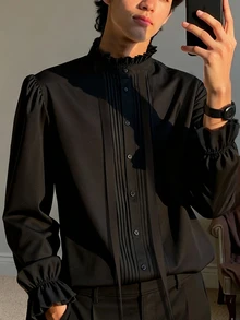 Manfinity AFTRDRK Manfinity 男士優雅黑色緞面正裝襯衫，絲綢長袖襯衫，適合秋季晚宴舞會婚禮，老錢風純色百搭男士正式襯衫 - 黑色 - 查看 5