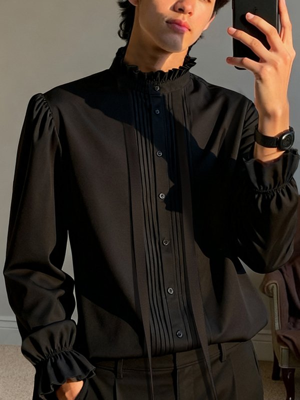 Manfinity AFTRDRK Camisa de vestir elegante de satén negro para hombre Manfinity, camisa de seda de manga larga para otoño, noche, baile de graduación, boda, estilo old money, unicolor, versátil, formal