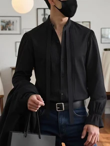 Manfinity AFTRDRK Manfinity 男士優雅黑色緞面正裝襯衫，絲綢長袖襯衫，適合秋季晚宴舞會婚禮，老錢風純色百搭男士正式襯衫 - 黑色 - 查看 6