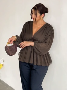 Firerie 大尺碼女款純色V領燈籠袖荷葉邊時尚休閒上衣,棕色秋/冬休閒外出襯衫 - 咖啡棕 - 查看 8