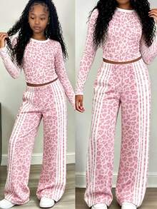 Tween Girls Pink Leopard Heart Print Long Sleeve Top & Wide Leg Pants Set, Side Stripe (1 Set) Fall Winter - Multicolor - View 1