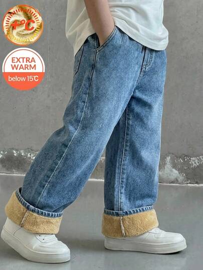 SHEIN Kids Tween Boys' Light Blue Denim Fleece Lined Loose Fit Long Pants, Autumn/Winter
