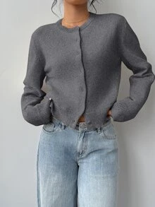SHEIN BASICS 女款休閒純色圓領長袖寬鬆短版開襟針織外套 秋季外套 辦公室校園商務 深灰色 教師節 - 灰色 - 查看 3
