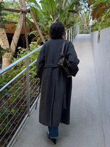 DAZY Solid Color Loose Long Double-Breasted Coat Jacket, Elegant Formal Old Money Korean Style Autumn/Winter Thickened Wool Coat For Women - Dark Grey - View 6
