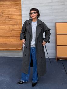DAZY Solid Color Loose Long Double-Breasted Coat Jacket, Elegant Formal Old Money Korean Style Autumn/Winter Thickened Wool Coat For Women - Dark Grey - View 3