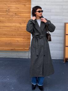 DAZY Solid Color Loose Long Double-Breasted Coat Jacket, Elegant Formal Old Money Korean Style Autumn/Winter Thickened Wool Coat For Women - Dark Grey - View 7