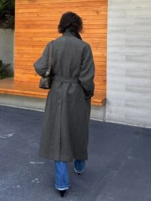 DAZY Solid Color Loose Long Double-Breasted Coat Jacket, Elegant Formal Old Money Korean Style Autumn/Winter Thickened Wool Coat For Women - Dark Grey - View 8