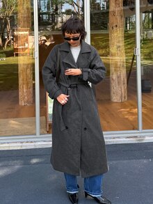 DAZY Solid Color Loose Long Double-Breasted Coat Jacket, Elegant Formal Old Money Korean Style Autumn/Winter Thickened Wool Coat For Women - Dark Grey - View 4