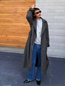 DAZY Solid Color Loose Long Double-Breasted Coat Jacket, Elegant Formal Old Money Korean Style Autumn/Winter Thickened Wool Coat For Women - Dark Grey - View 10