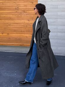 DAZY Solid Color Loose Long Double-Breasted Coat Jacket, Elegant Formal Old Money Korean Style Autumn/Winter Thickened Wool Coat For Women - Dark Grey - View 9