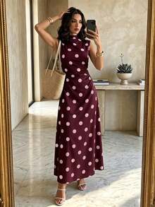 Firerie New Minimalist Elegant Romantic Date Daily Commute White Small Stand Collar Sleeveless Ruched Waist Pleated A-Line Long Dress - Burgundy - View 4