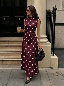 Firerie New Minimalist Elegant Romantic Date Daily Commute White Small Stand Collar Sleeveless Ruched Waist Pleated A-Line Long Dress - Burgundy - View 3