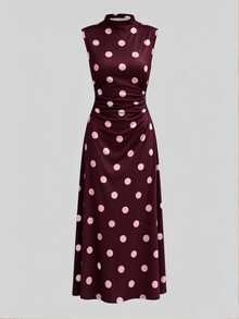 Firerie New Minimalist Elegant Romantic Date Daily Commute White Small Stand Collar Sleeveless Ruched Waist Pleated A-Line Long Dress - Burgundy - View 5