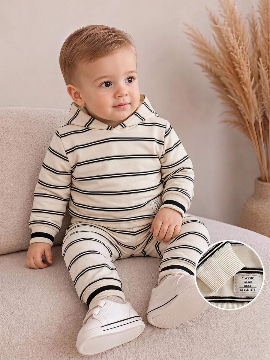 SHEIN Playful Pals 2件組 幼兒男童時尚條紋長袖連帽上衣與長褲套裝,柔軟加厚運動休閒服,適合日常穿著與戶外玩耍 - 彩色 - 查看 1