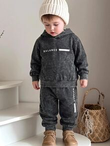SHEIN 2pcs Young Boy Casual Tie-Dye Solid Color Sweatshirt + Pants Set, Suitable For Daily Wear, School, Travel, Outdoor Play, Spring And Autumn - Black - View 1